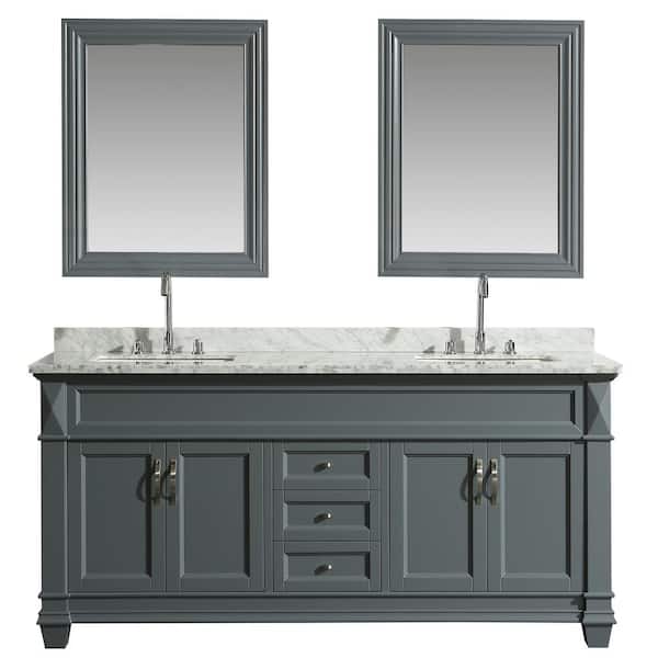 Design Element Hudson 72 in. W x 22 in. D Bath Vanity in Gray with Marble Vanity Top in White with White Basin and Mirror