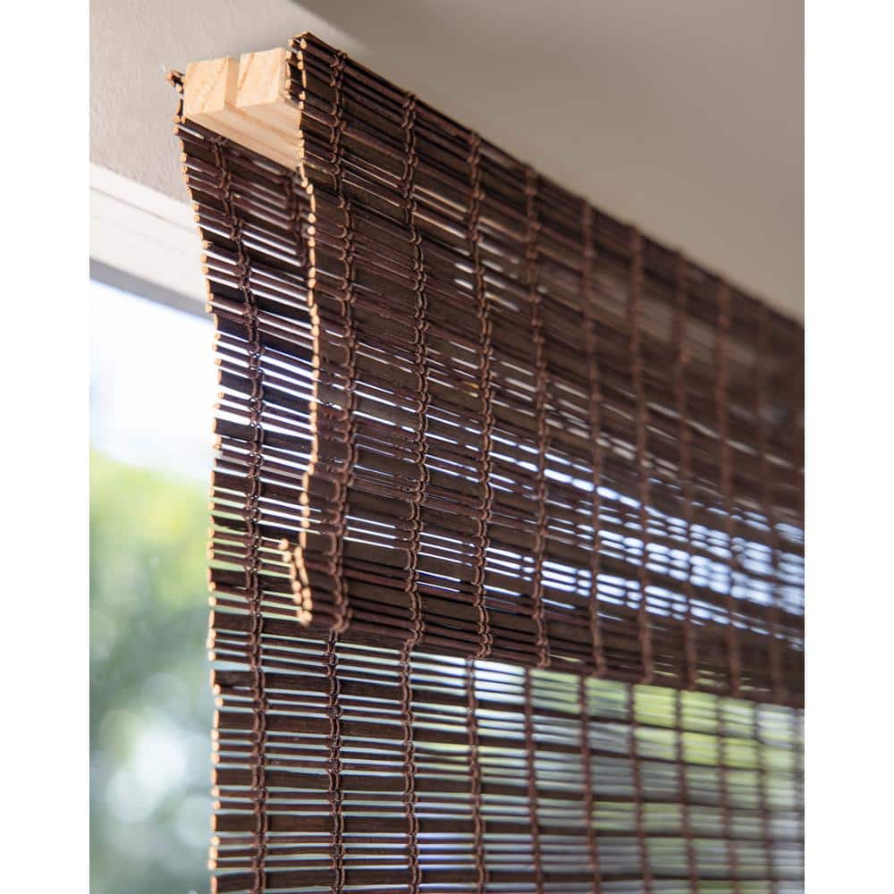 Premium True-to-Size Brown Buffalo Cordless Light Filtering Natural Woven Bamboo Roman Shade 34 in. W x 64 in. L