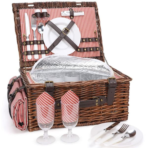 22 qt. Picnic Basket Set with Cooler and Waterproof Picnic Blanket, Willow Hamper Service Gift Set, Pink