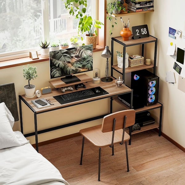 HOMCOM 66.9 in. Brown Computer Desk with Monitor Shelf, Shelves and open Back for Home Office