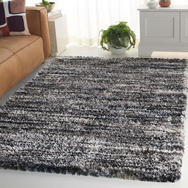 Cloud Shag 7 ft. x 7 ft. Gray/Blue Striped Distressed square Area Rug