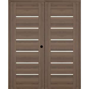 Vona 07-02 56 in. x 80 in. Left Active 6-Lite Frosted Glass Pecan Nutwood Wood Composite Double Prehung Interior Door