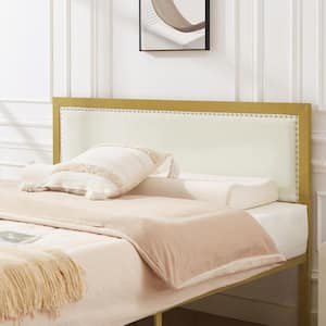 Metal Bed Frame Queen Beige with Linen Upholstered Headboard, Platform Bed with 12.6 in. Under Bed Storage and Nailhead