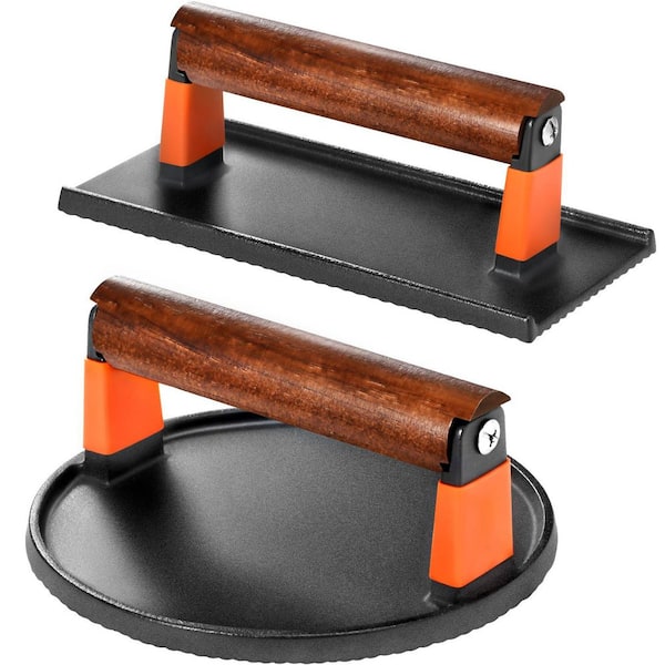 2 Piece Cast Iron Black Finish Burger Press Kit with Wooden Handle for Grill and Griddle Cooking, Bacon, Eggs