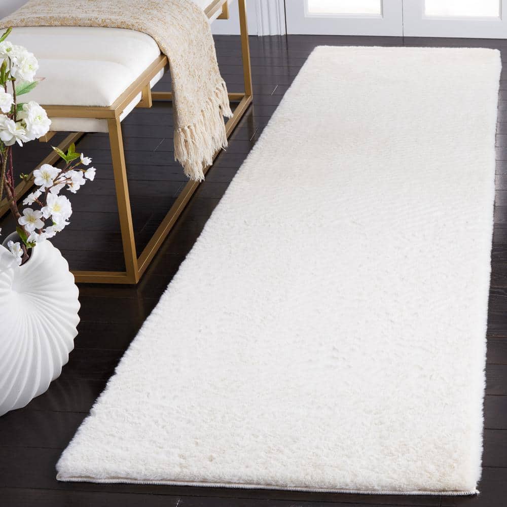 Off-White Faux Rabbit Fur Runner Rug, 2'3" x 8'