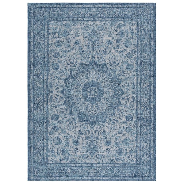 Courtyard Navy/Gray 5 ft. x 8 ft. Medallion Ornate Border Indoor/Outdoor Area Rug