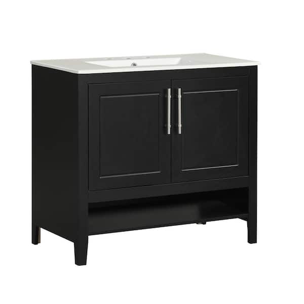 36 in. W x 18.3 in. D x 33.3 in. H Single Sink Freestanding Bath Vanity in Black with White Ceramic Top