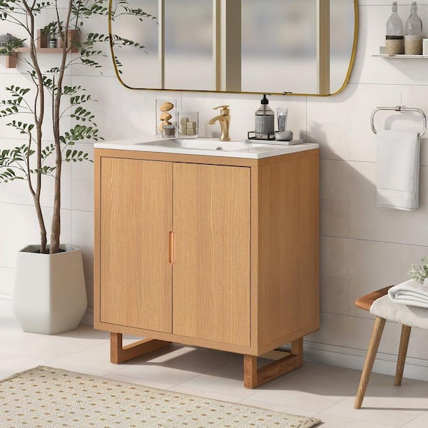 29. 5 in. W x 18. 1 in. D x 35. 1 in. H in Single Sink Freestanding Burly Wood Bath Vanity, with White Resin Top Basin