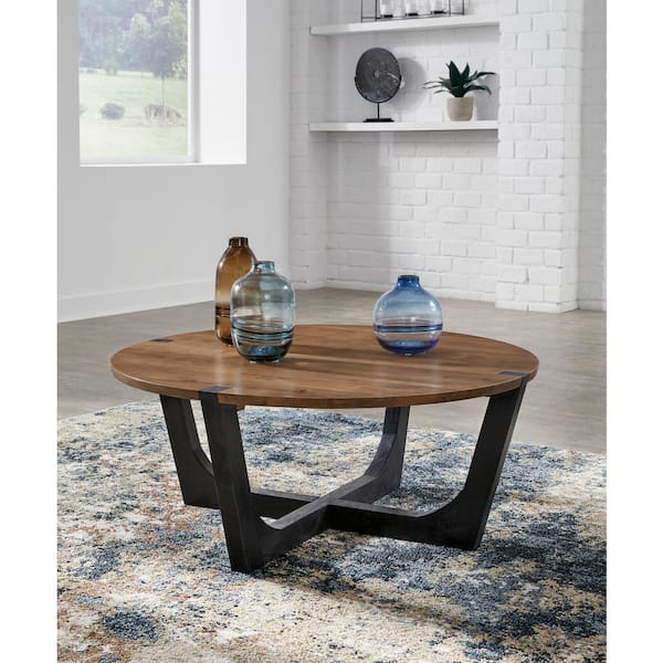 Hanneforth 44.25 in. Brown/Black Round Wood Coffee Table