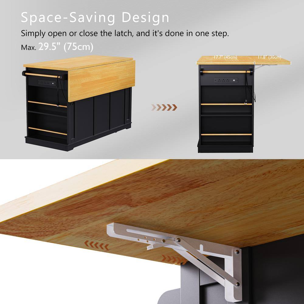 Gray Blue Kitchen Cart with Drop-Leaf Tabletop, Internal Storage Racks, 2 Bar Stools, Power Outlet, 5 Open Side Racks - thumbnail 10