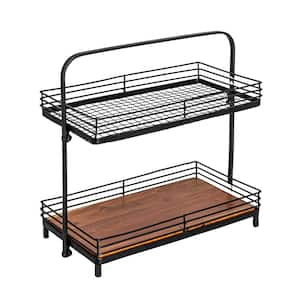 16.5 in. W x 15.5 in. H x 6.6 in. D Rectangle Black Acacia Wood 2-Tier Serving Tray On Metal Stand (Set of 1)