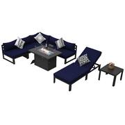 8-Piece Luxury Outdoor Gray Aluminum Patio Conversation Fire Pit Set, Chaise Lounge and Navy Blue Cushions