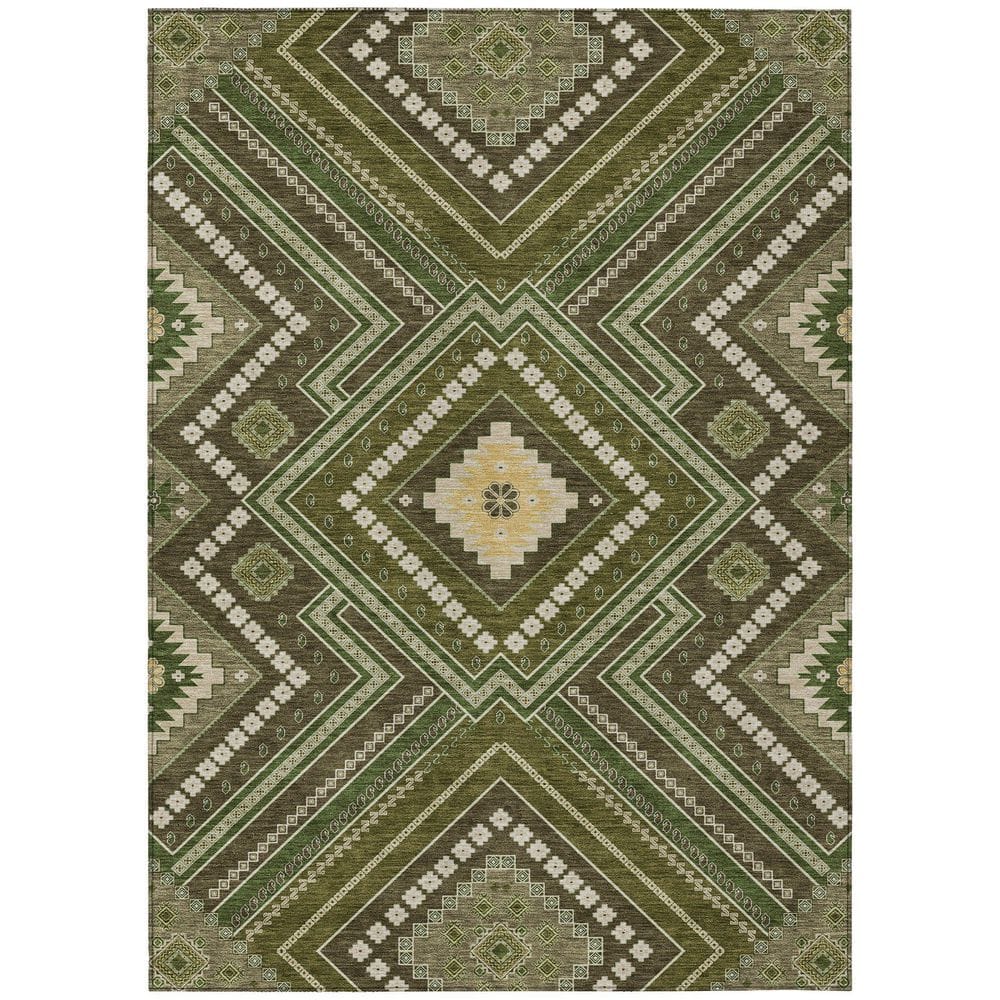 Olive and Beige Synthetic Washable Rectangular Rug