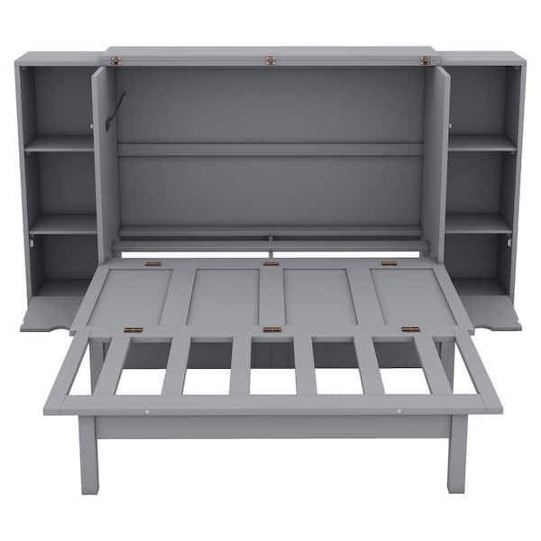 Nestfair Gray Wood Frame Full Size Murphy Bed with Shelves, Drawers and USB Ports MBLE0067E