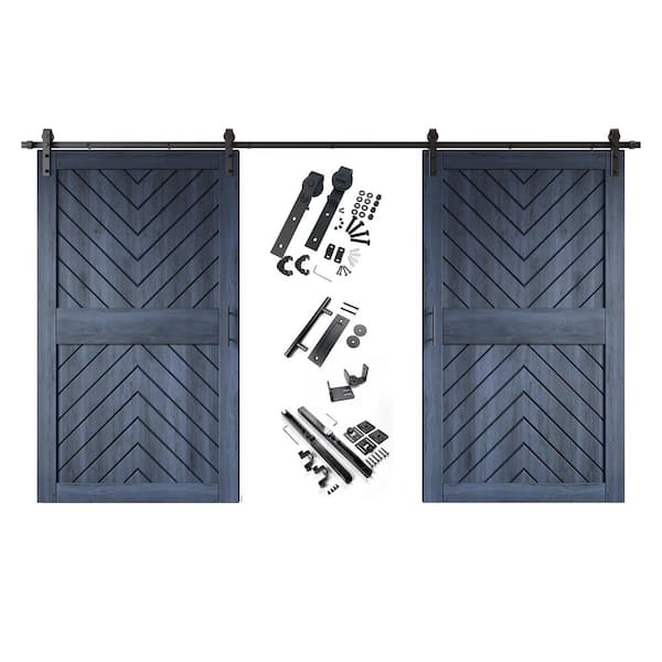 JT4 48 in. x 84 in. C-Panel Navy Fishbone Design Double Pine Wood Sliding Barn Door with Hardware Kit