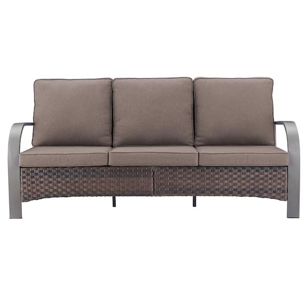 Iron Bend Series 3-Seat Brown Wicker Outdoor Patio Sofa Couch with Gray Cushions