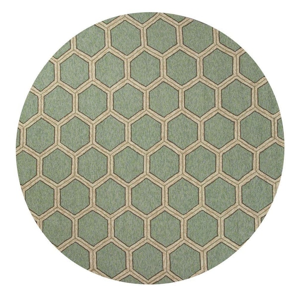 Kas Rugs Party Tiles Green/Cream 7 ft. 6 in. x 7 ft. 6 in. Round Area Rug