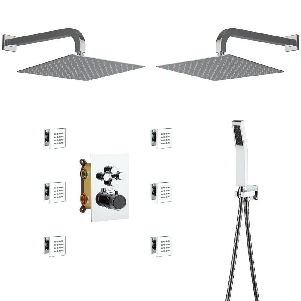 Chrome Dual Head Thermostatic Rainfall Shower System with Jets
