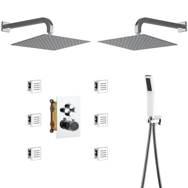 Dimakai Single Handle 1-Spray Thermostatic 4-function Shower Faucet Dual Showerhead 1.8 GPM with Body Spray in Chrome