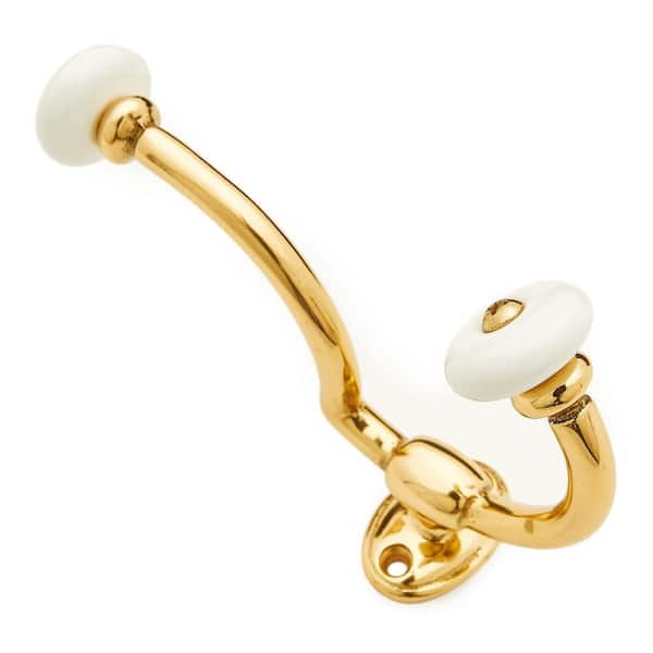 5 in. Polished Brass Hook with White Porcelain Ends