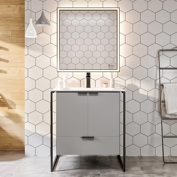 Eviva Moma 24 in. Single Sink Floating Gray   Bath Vanity with White Solid Surface Top (Assembled)