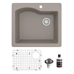 QT-671 Quartz/Granite 25 in. Single Bowl Top Mount Drop-In Kitchen Sink in Concrete with Bottom Grid and Strainer