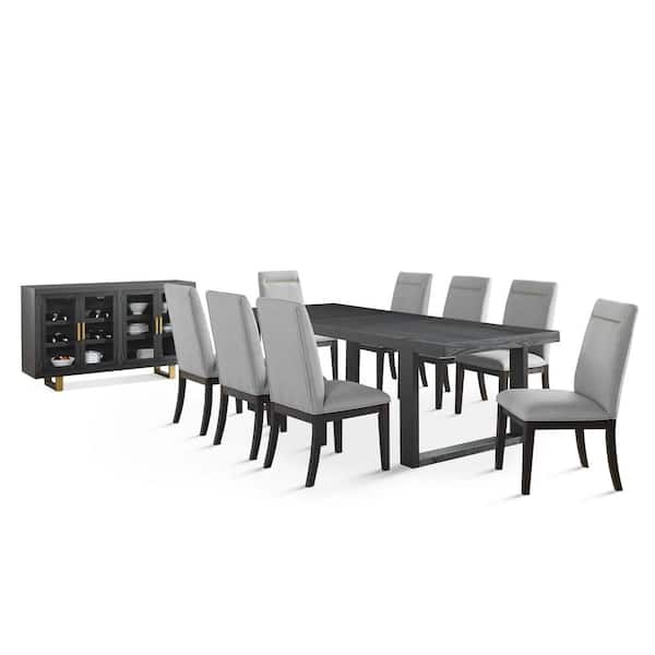 Yves Rubbed Charcoal Wood Top with Grey Upholstered Chairs 10-Piece Dining Set with Server