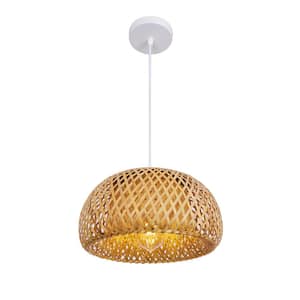 1-Light Retro Farmhouse Hand Woven Bamboo Cage Adjustable Height Pendant Light with Bamboo Shade