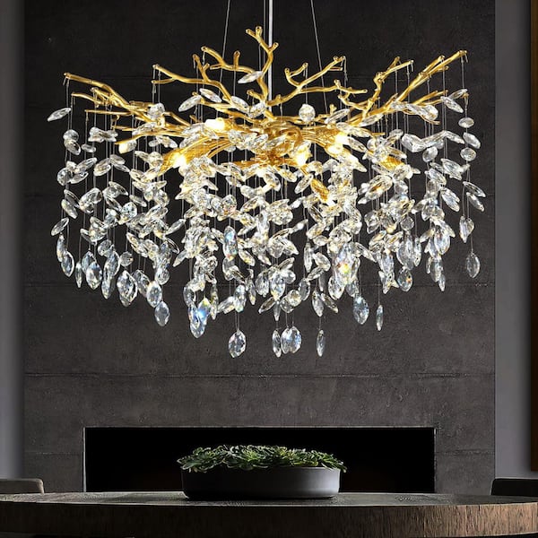 PUYRNF 10-Lights 30 in. Dimmable Tree Branch Shape Gold Crystal Linear Chandeliers Living Room, High Ceiling, Foyer, Entryway