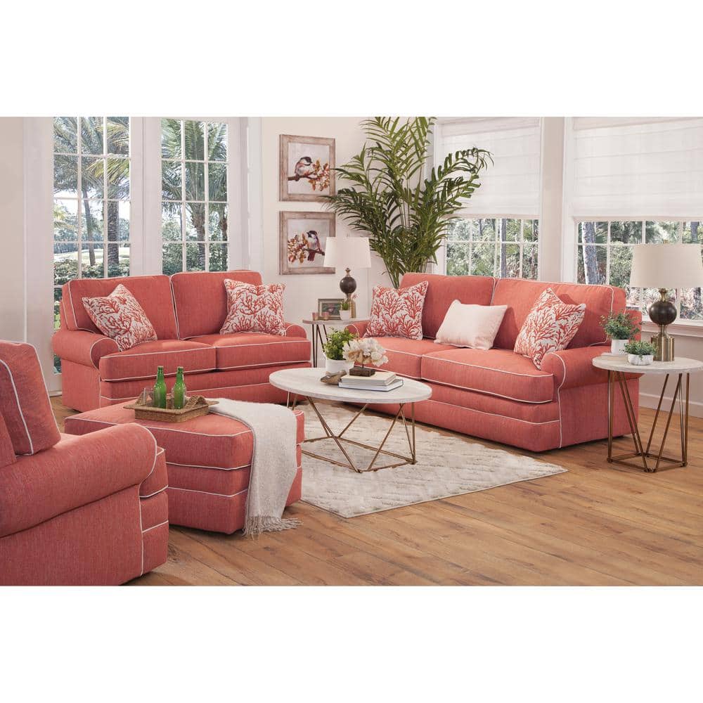 Coral Upholstered Armchair with Ivory Contrast Welt