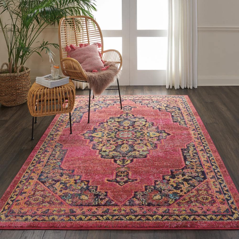 Nourison Pink and Flame Medallion 5'3" x 7'3" Synthetic Area Rug