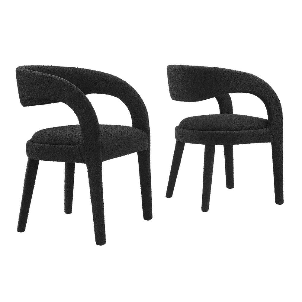 Black Boucle Upholstered Dining Chair Set with Curved Backrest