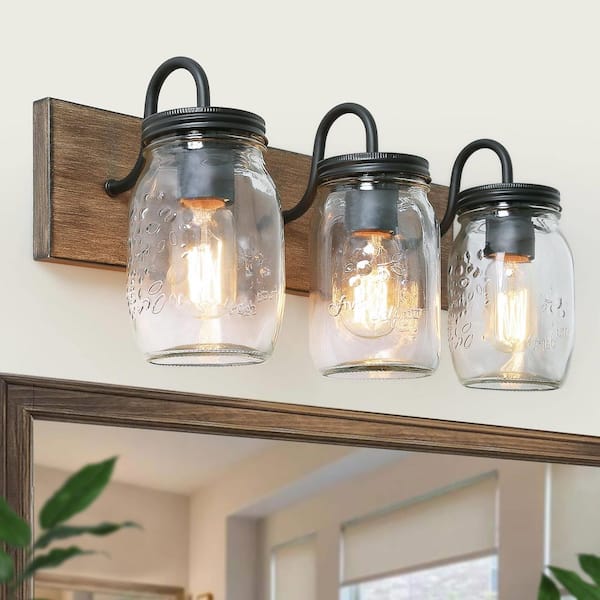 Farmhouse Bathroom Vanity Light 3-Light Black Powder Room Wall Sconce with Brown Faux Wood Accent Clear Mason Jar Shades