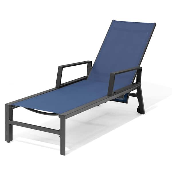 Pellebant 1-Piece Metal Aluminum Outdoor Chaise Lounge Chair in Navy Blue with Adjustable Backrest, Arms and Wheels
