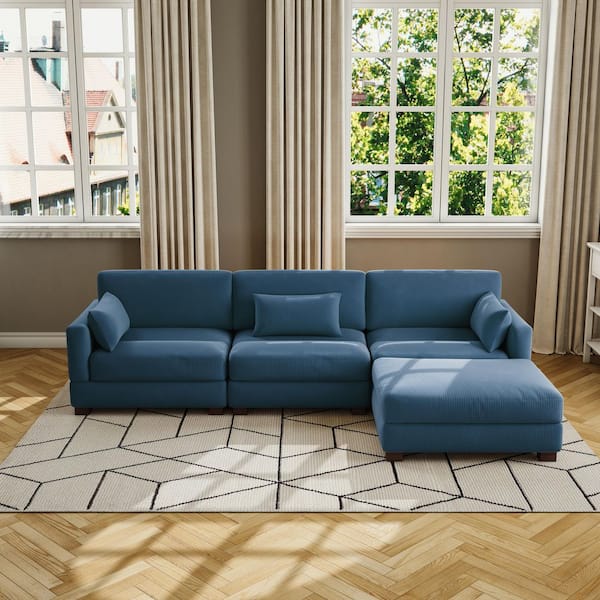123 in. Square Arm 4-Piece Corduroy Upholstered L-Shaped Sectional Sofa in Navy Blue