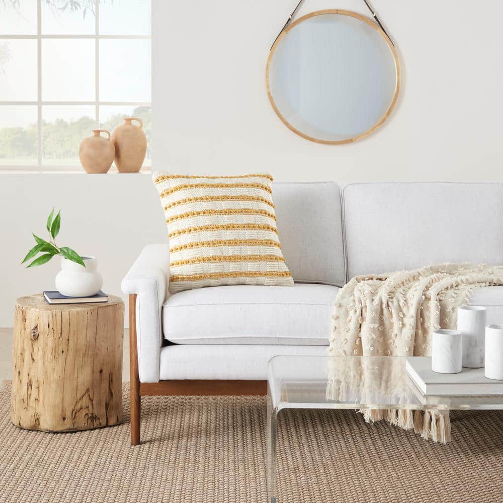18" Yellow and Ivory Woven Cotton Square Throw Pillow