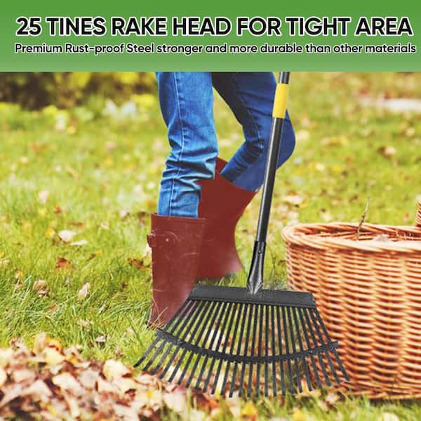 72.83 in. Garden Leaf Rake, Heavy Duty Steel Lawn Rake with 25 Metal Tines, 18.5 in. Wide