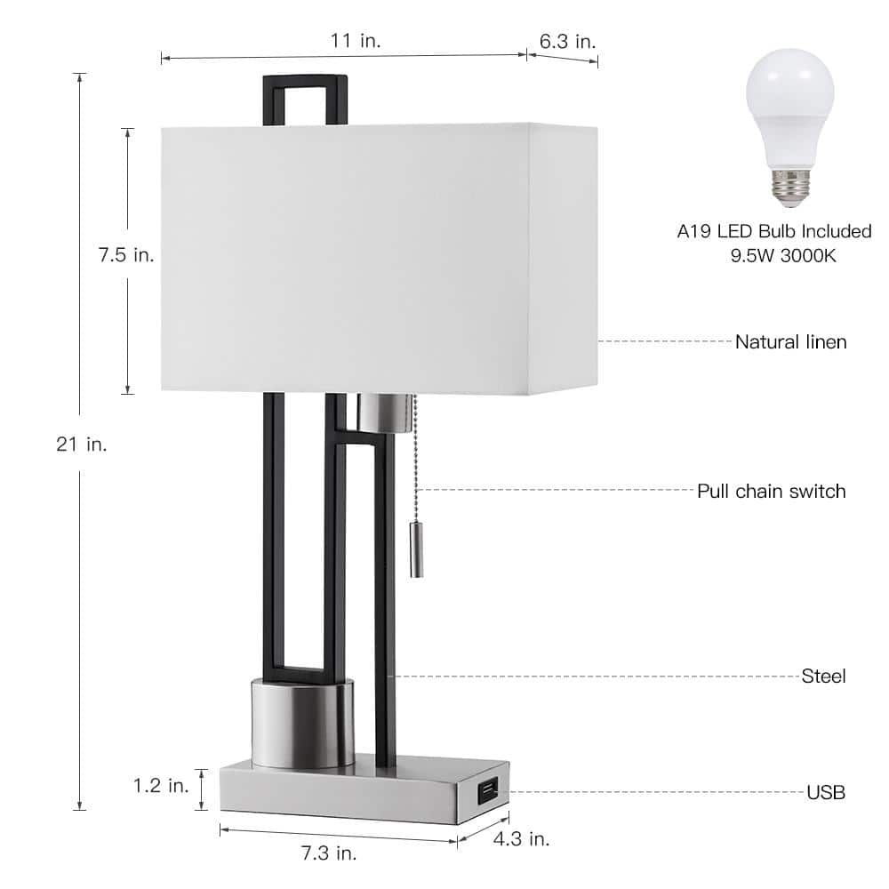 Matte Black and Brushed Nickel Table Lamp with USB Port and White Linen Shade