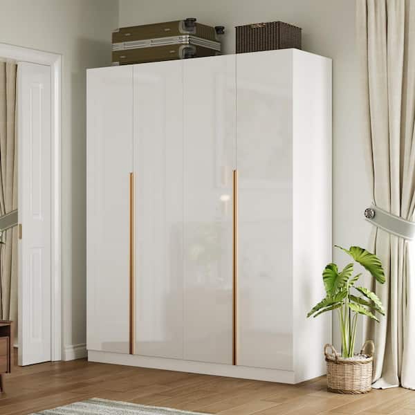 White Mirror Finished Wood 63 in. W x 78.7 in. H x 19.7 in. D Armoire, Wardrobe with 10-Shelves, 3-Bars & 4-Large Doors