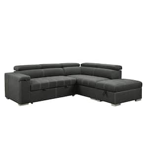 99.5 in. L Shaped Microfiber Sectional Sofa in Dark Grey with Pull-Out Bed, Storage Ottoman and Cup Holder