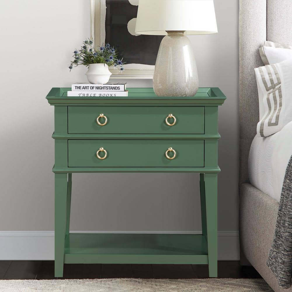 Clara Vintage Green Wood 2-Drawer Tray Top Nightstand