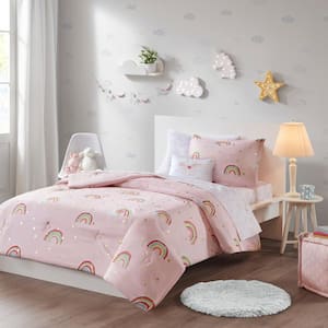 Mia 6-Piece Pink Twin Polyester Rainbow with Metallic Printed Stars Comforter Set with Bed Sheets