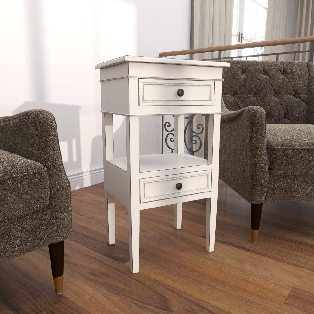 White Pine Traditional Side Table with Drawers and Shelf