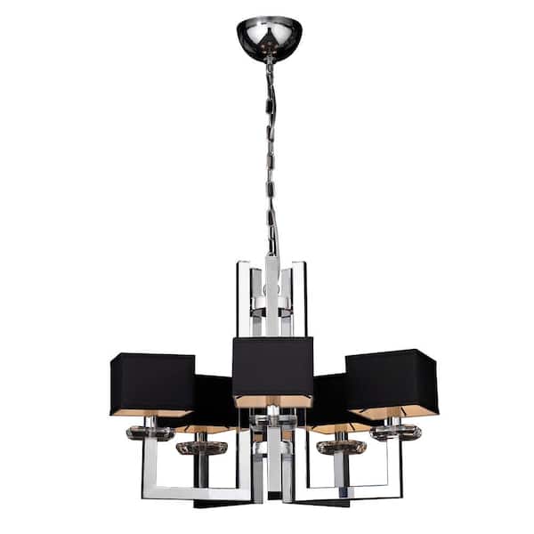 PLC Lighting 5-Light Polished Chrome Chandelier with Black Fabric Shade and Clear Glass Shade