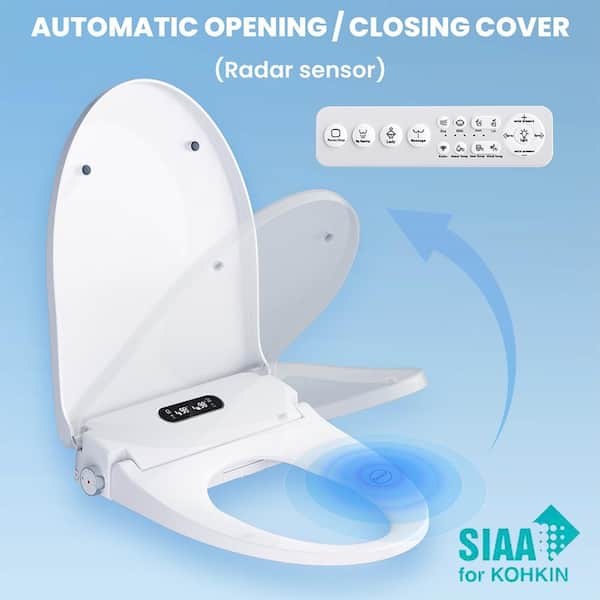 Electric Bidet Seat for Elongated Toilets in White with Auto Open/Close Cover, LED Display and Remote Control