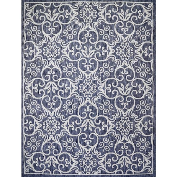 BENISSIMO Navy 8 ft. x 10 ft. Floral Modern Polypropylene Indoor/Outdoor Area Rug