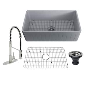 Fireclay 33 in. Striped Design Reversible Installation Single Bowl Farmhouse Apron Kitchen Sink with Kitchen Faucet