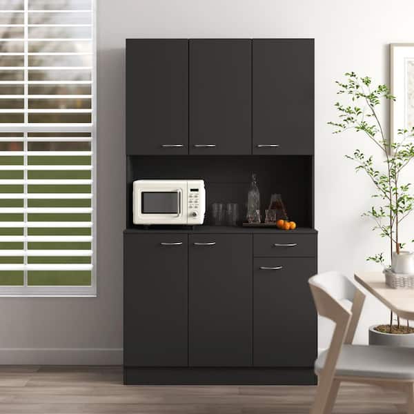 39 in. W x 15 in. D x 71 in. H Black Linen Cabinet, 71 in. Tall Wardrobe and Kitchen Cabinet 6-Doors and 1-Open Shelves