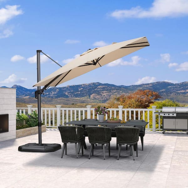 PURPLE LEAF 8 ft. x 11 ft. Cantilever Patio Umbrella Swivel Aluminum Offset 360° Rotation Umbrella with Base, Beige
