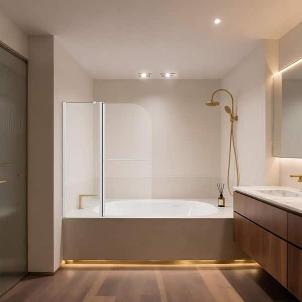 Jasmie 43 in. W x 58 in. H Folded-Fixed Tub Door Frameless Tub Shower Door in Chrome with 1/4 in. Tempered Clear Glass